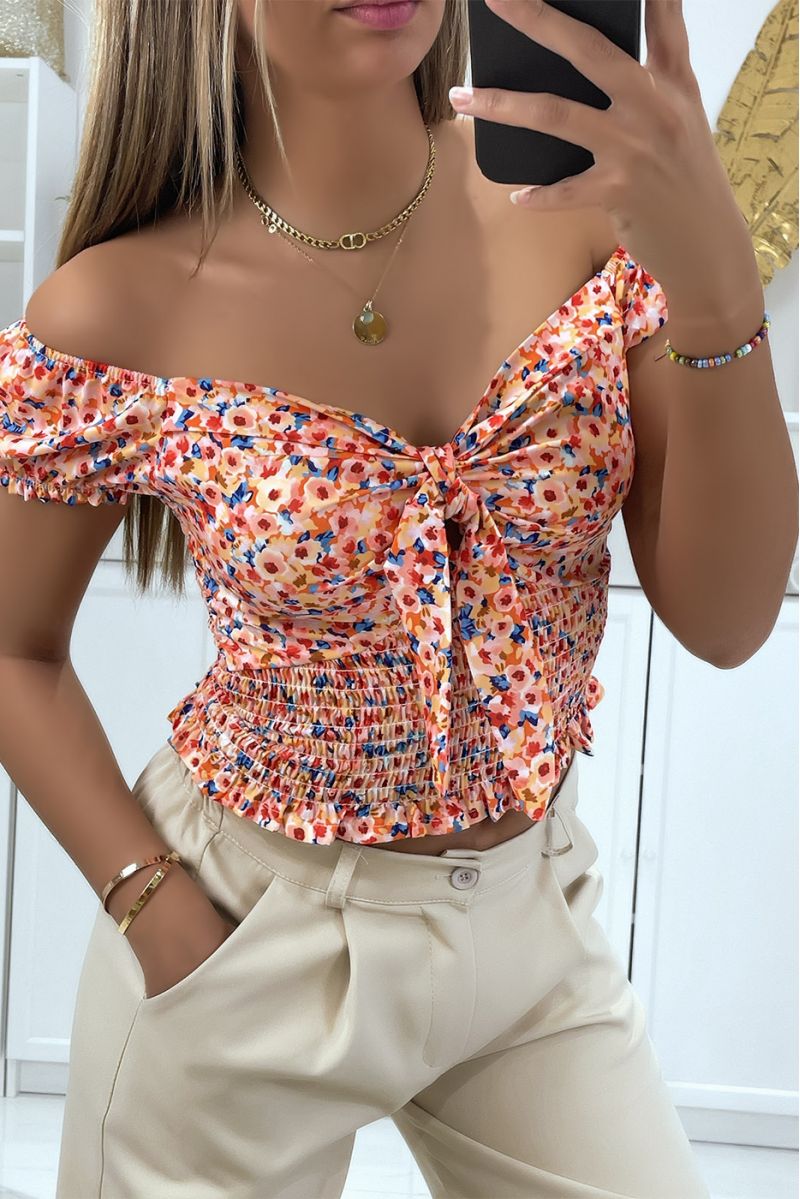 Orange floral boat neck crop top with bow - 3