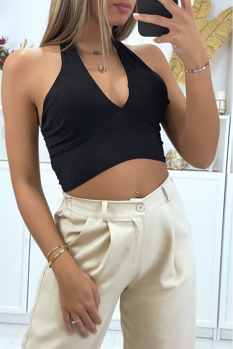Black ribbed material crop top with bow at the collar - 1