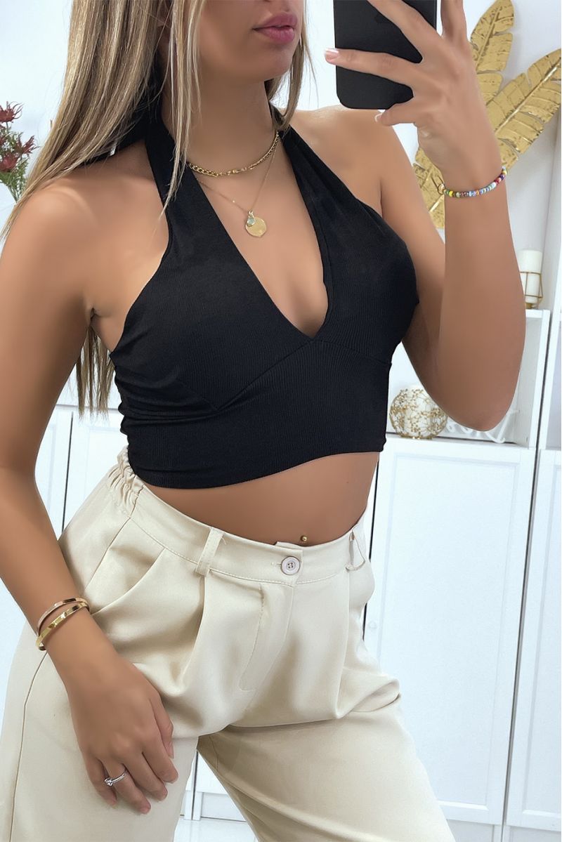 Black ribbed material crop top with bow at the collar - 3