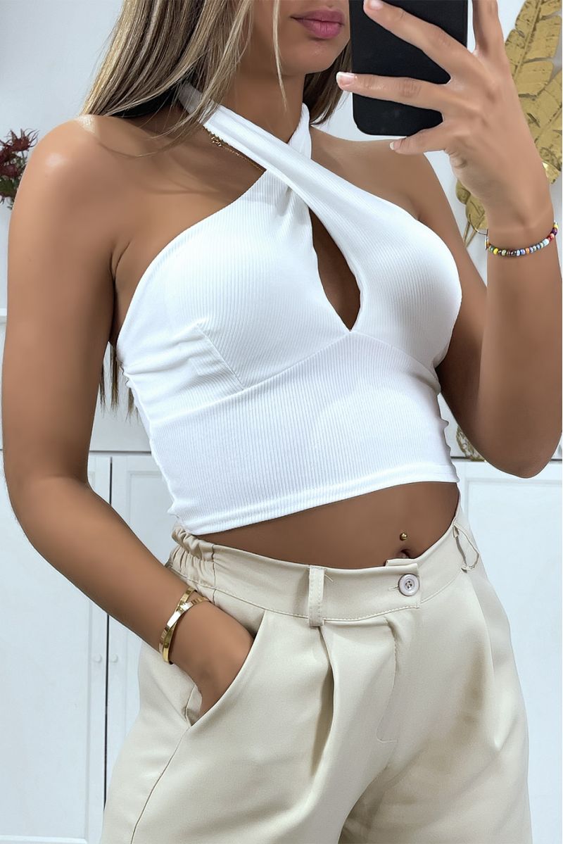 White ribbed material crop top with bow at the collar - 1