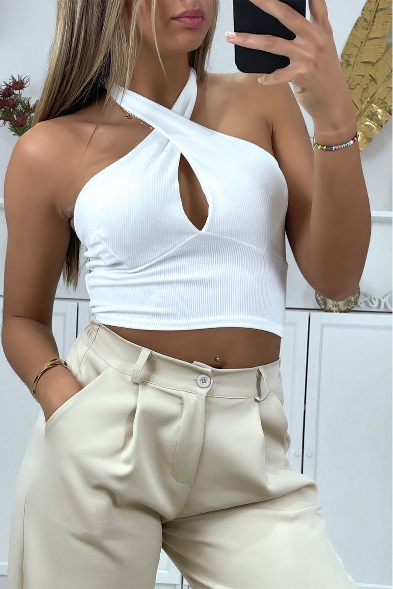 White ribbed material crop top with bow at the collar - 2