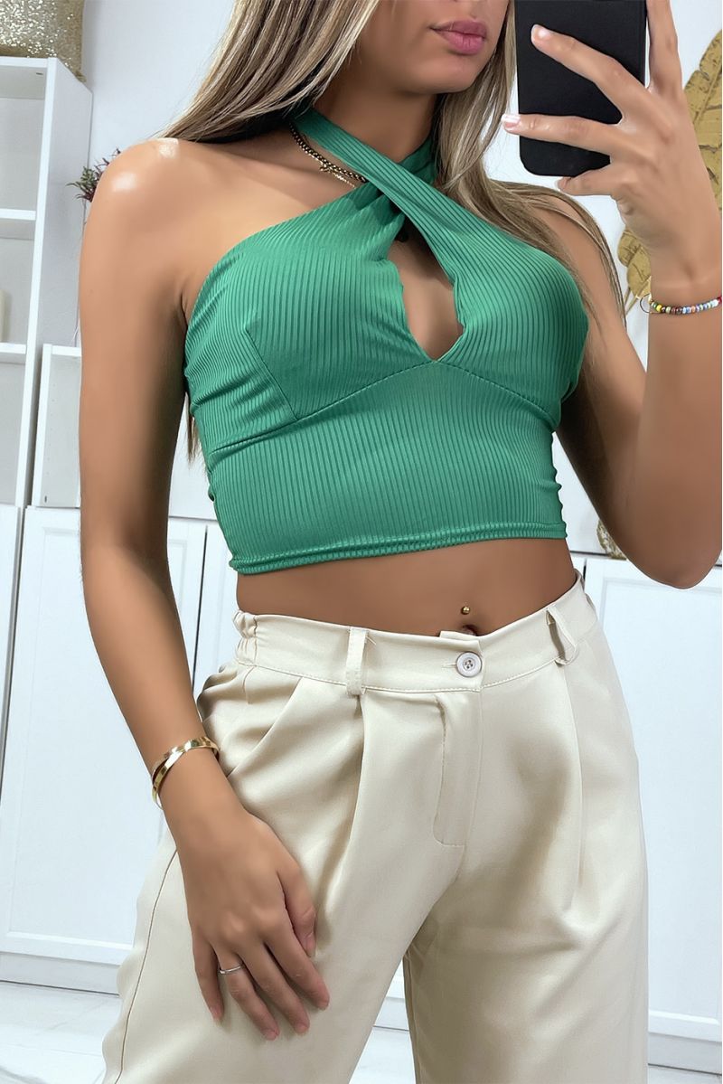 Green ribbed material crop top with bow at the collar - 1