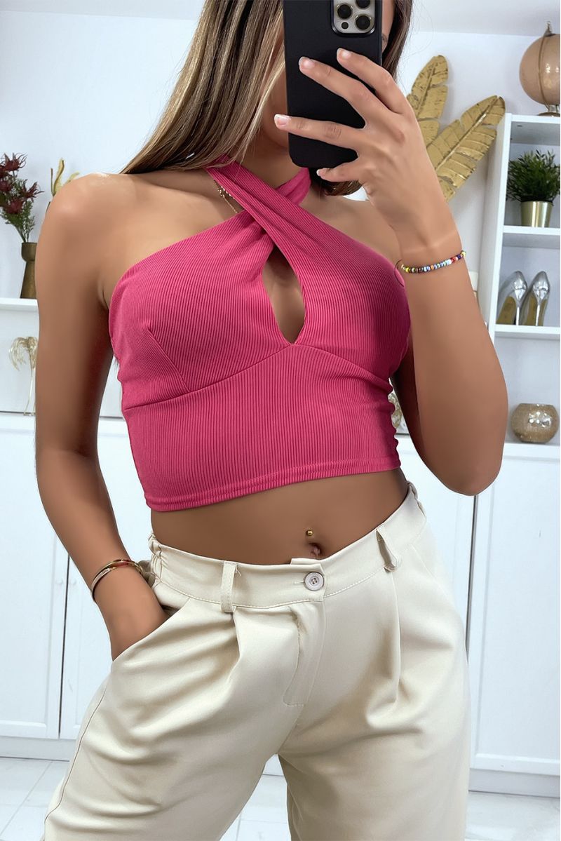 Fuchsia ribbed fabric crop top with bow at the collar - 2