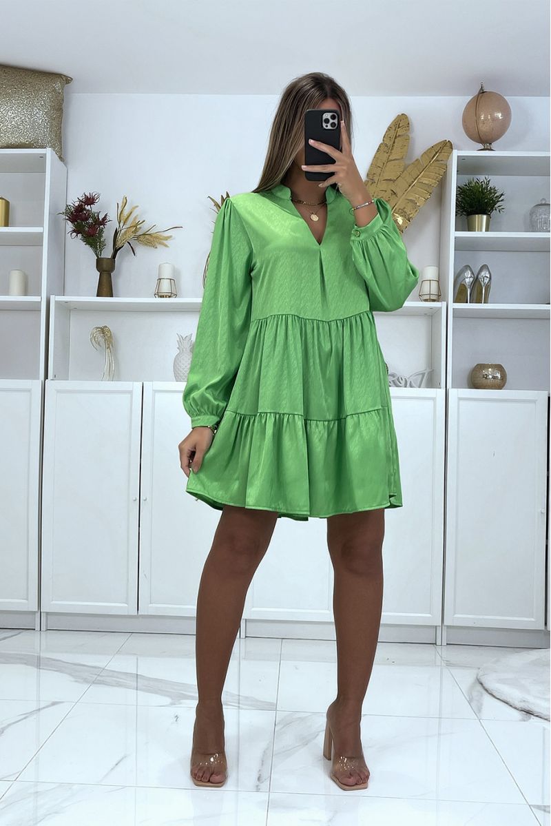 Anise green tunic dress with ruffle in a superb satin material - 1