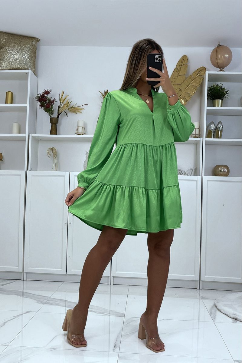 Anise green tunic dress with ruffle in a superb satin material - 2