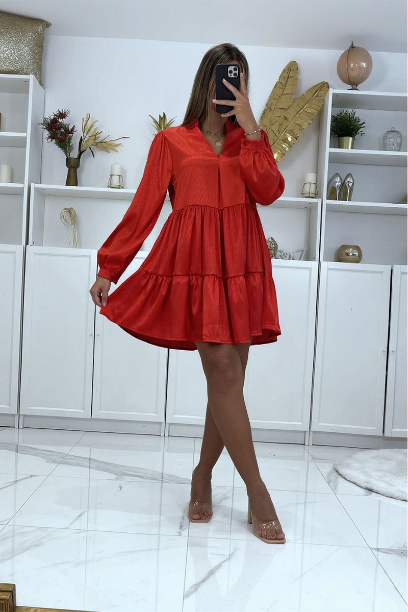 Red tunic dress with ruffle in a superb satin material - 1