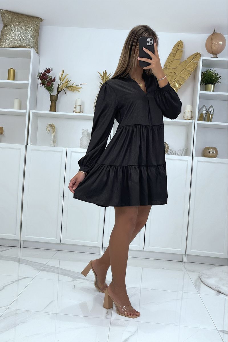 Black tunic dress with flounce in a superb satin material - 2