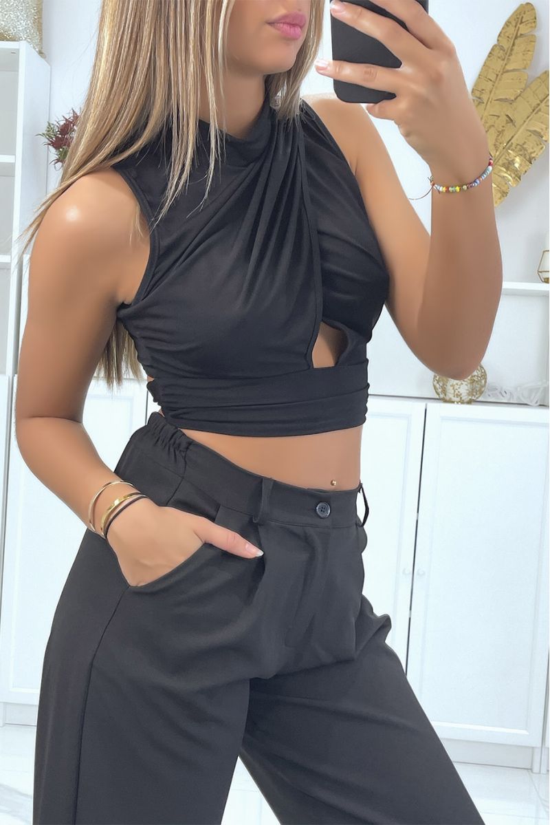 Crop top noir croisé avec noeud au dos  - 3