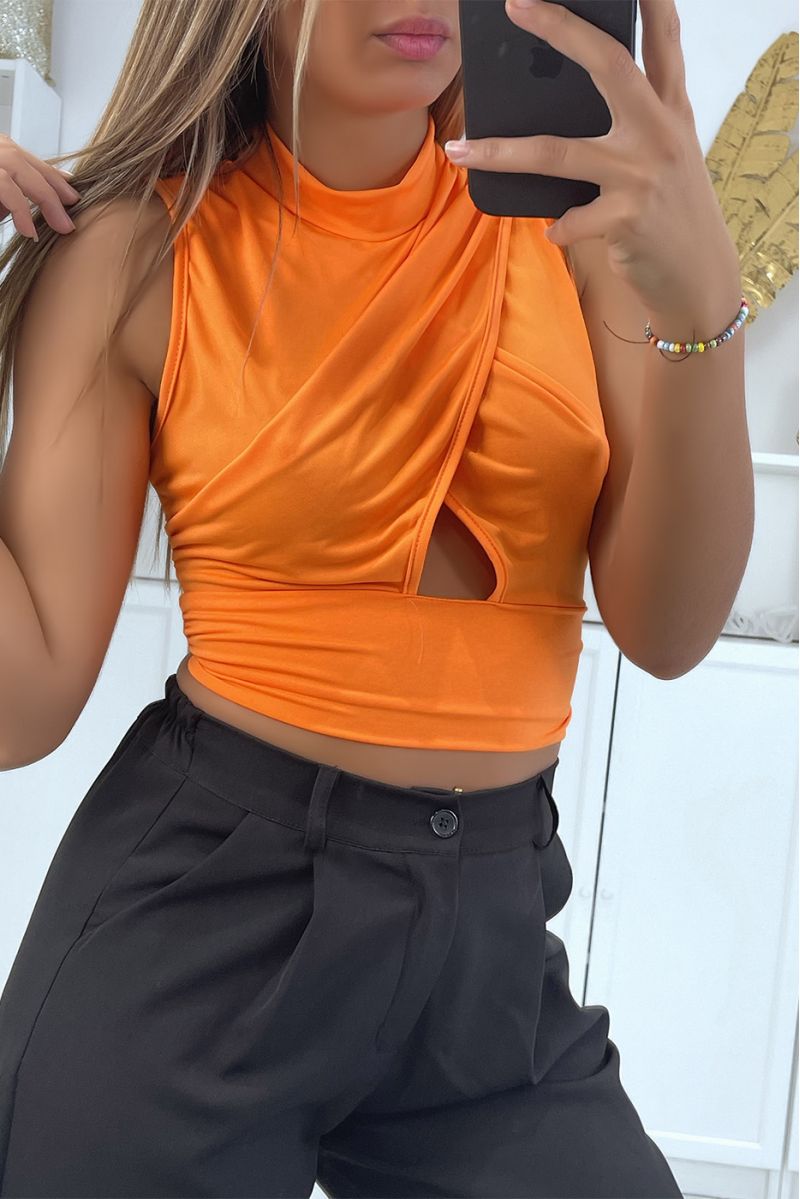 Crop top orange croisé avec noeud au dos  - 3