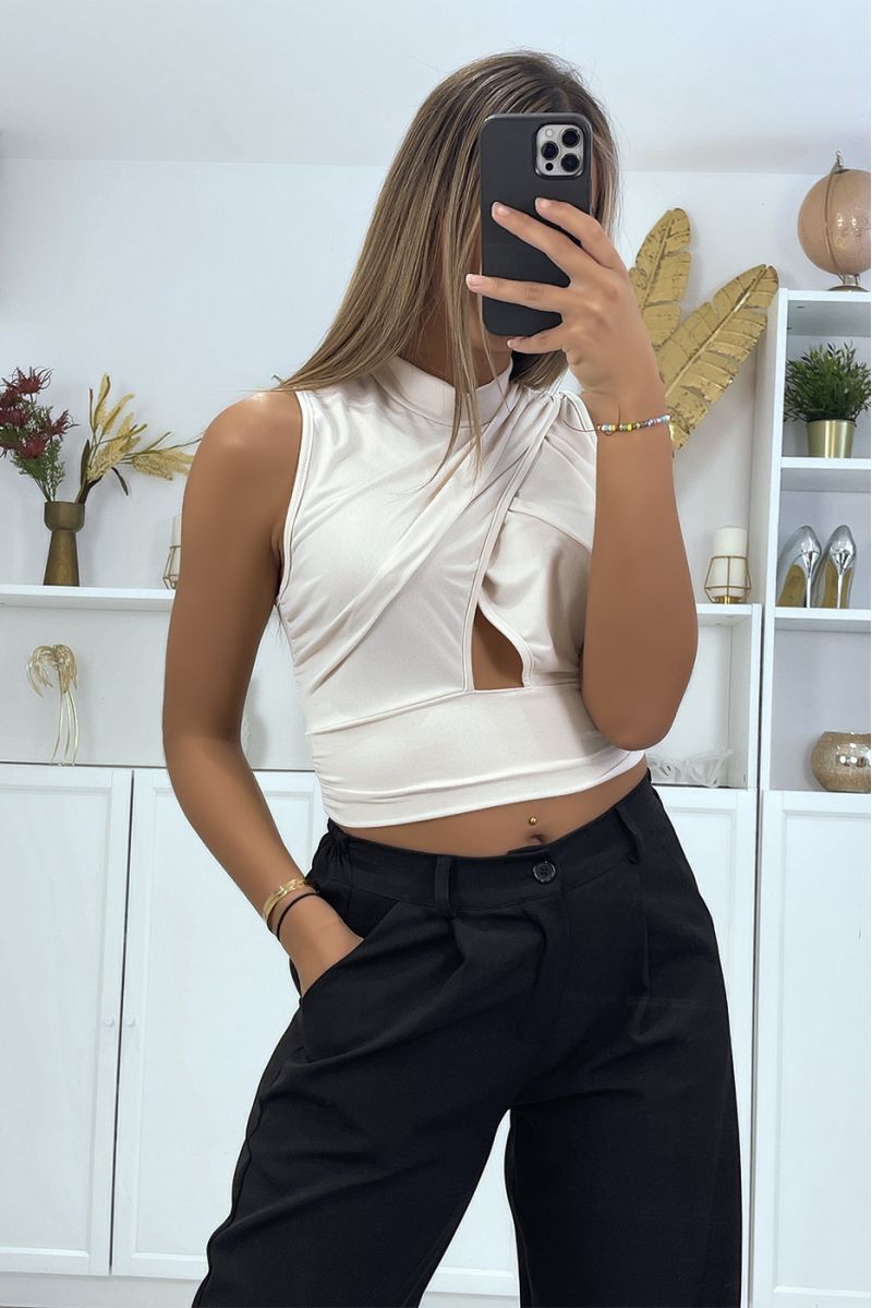 Beige crossed crop top with bow on the back - 3