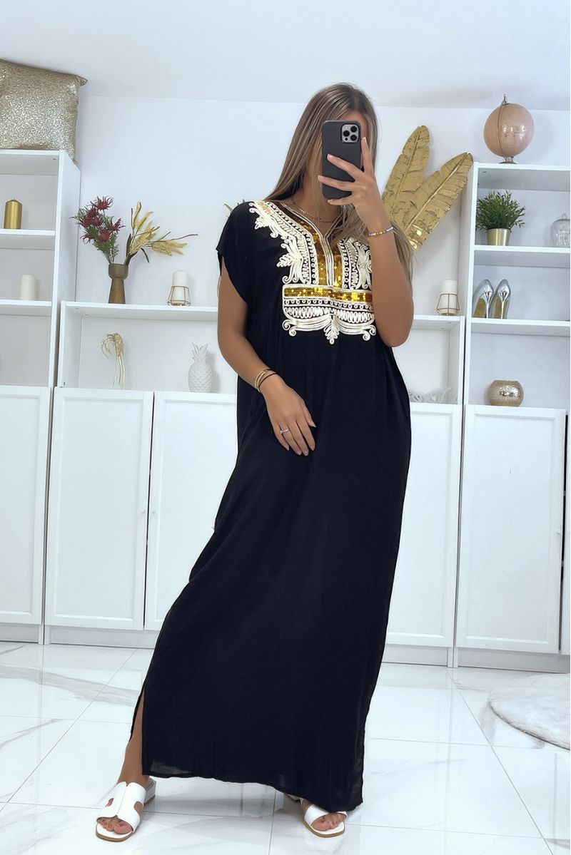 Lange jurk, zwarte djellaba met lovertjes details en oosters patroon met gouddraad - 2