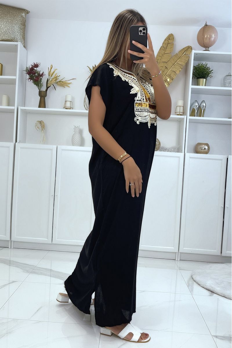 Long dress, black djellaba with sequined details and oriental pattern with gold thread - 3
