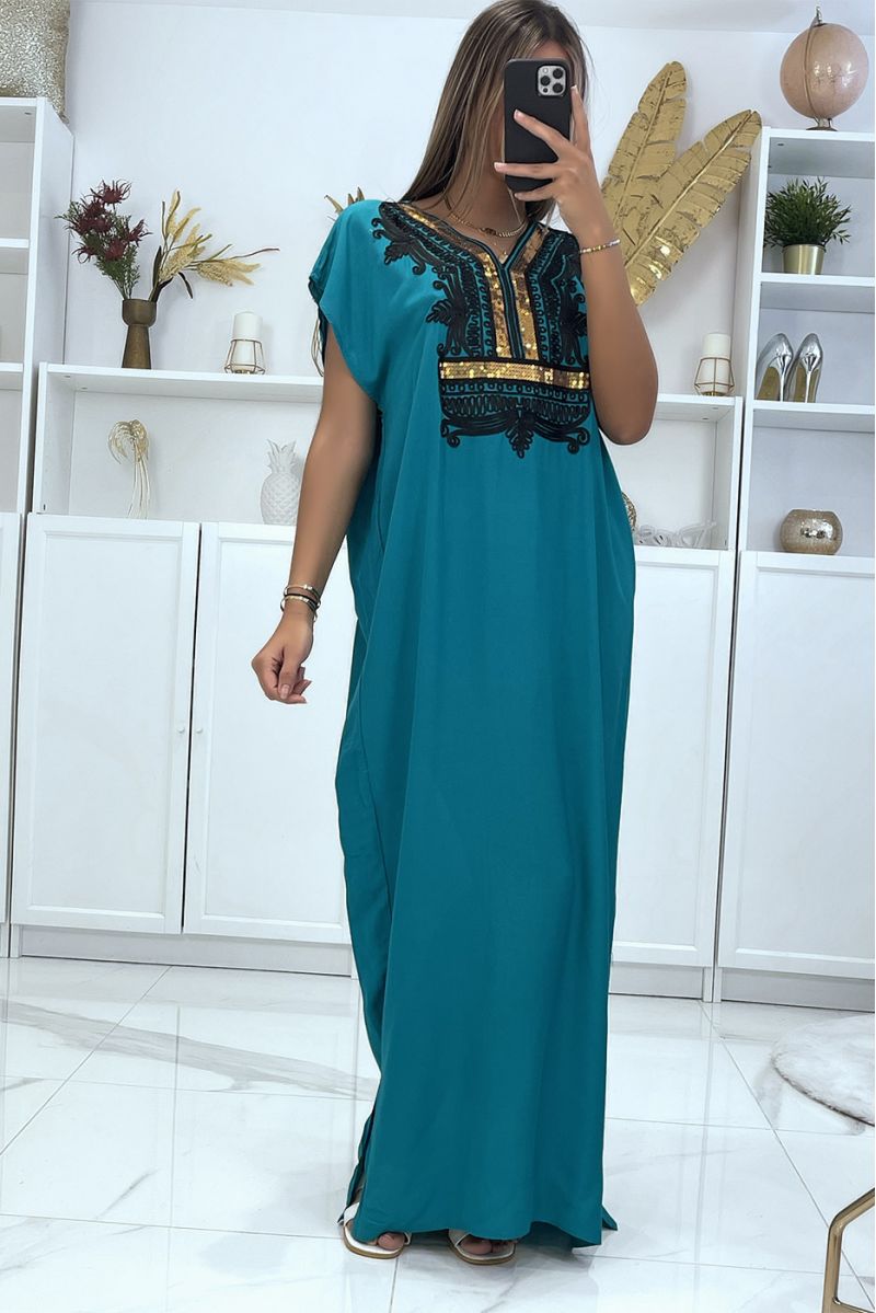 Long dress, green djellaba with sequined details and oriental pattern with gold thread - 3