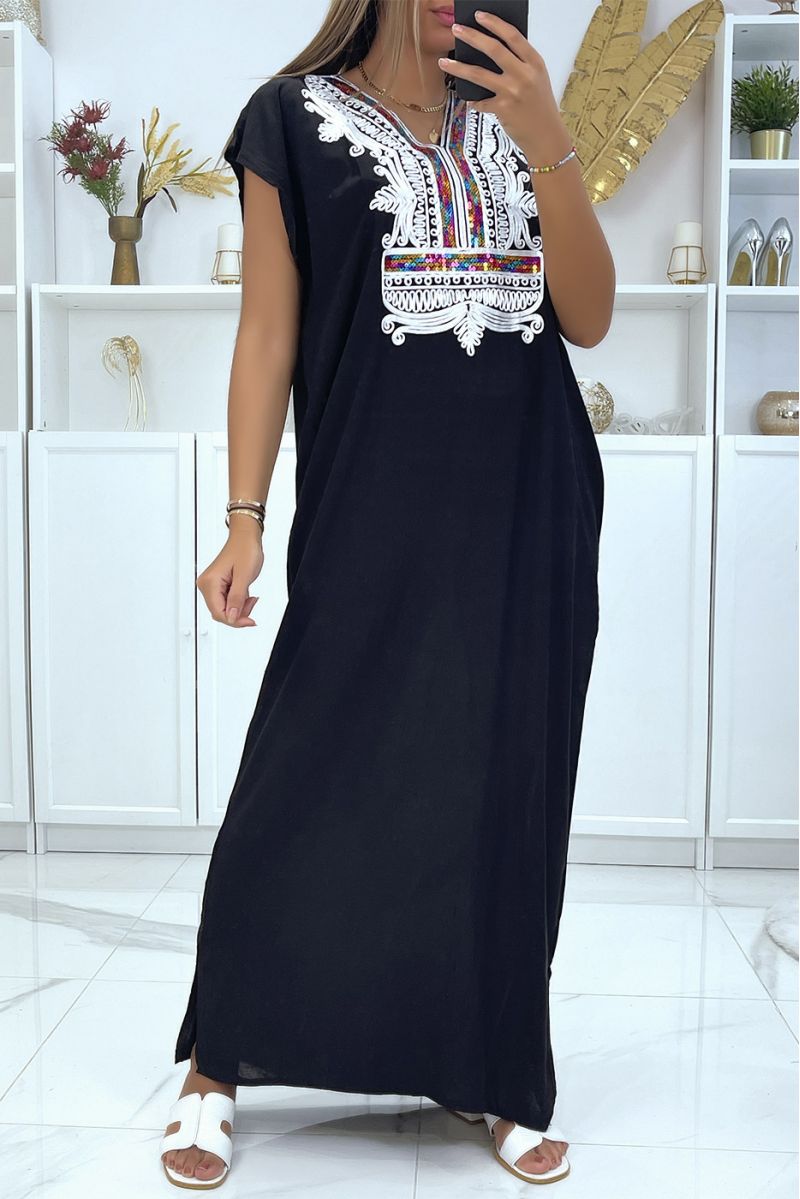 Long dress, black djellaba with sequined details and oriental pattern with silver thread - 1