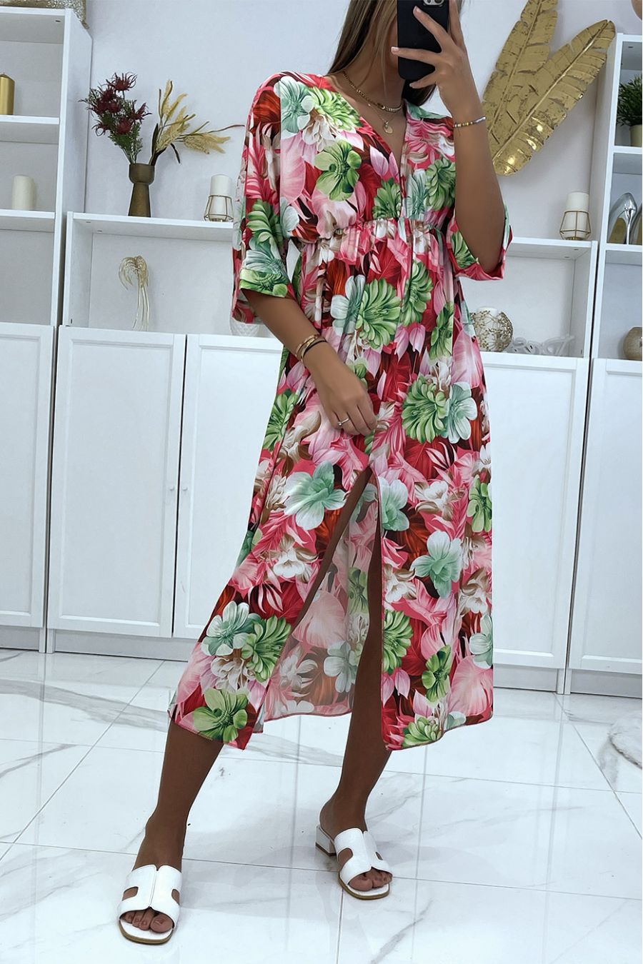 Roze bloemenjurk V-hals halflange mouw split aan de zijkanten - 4