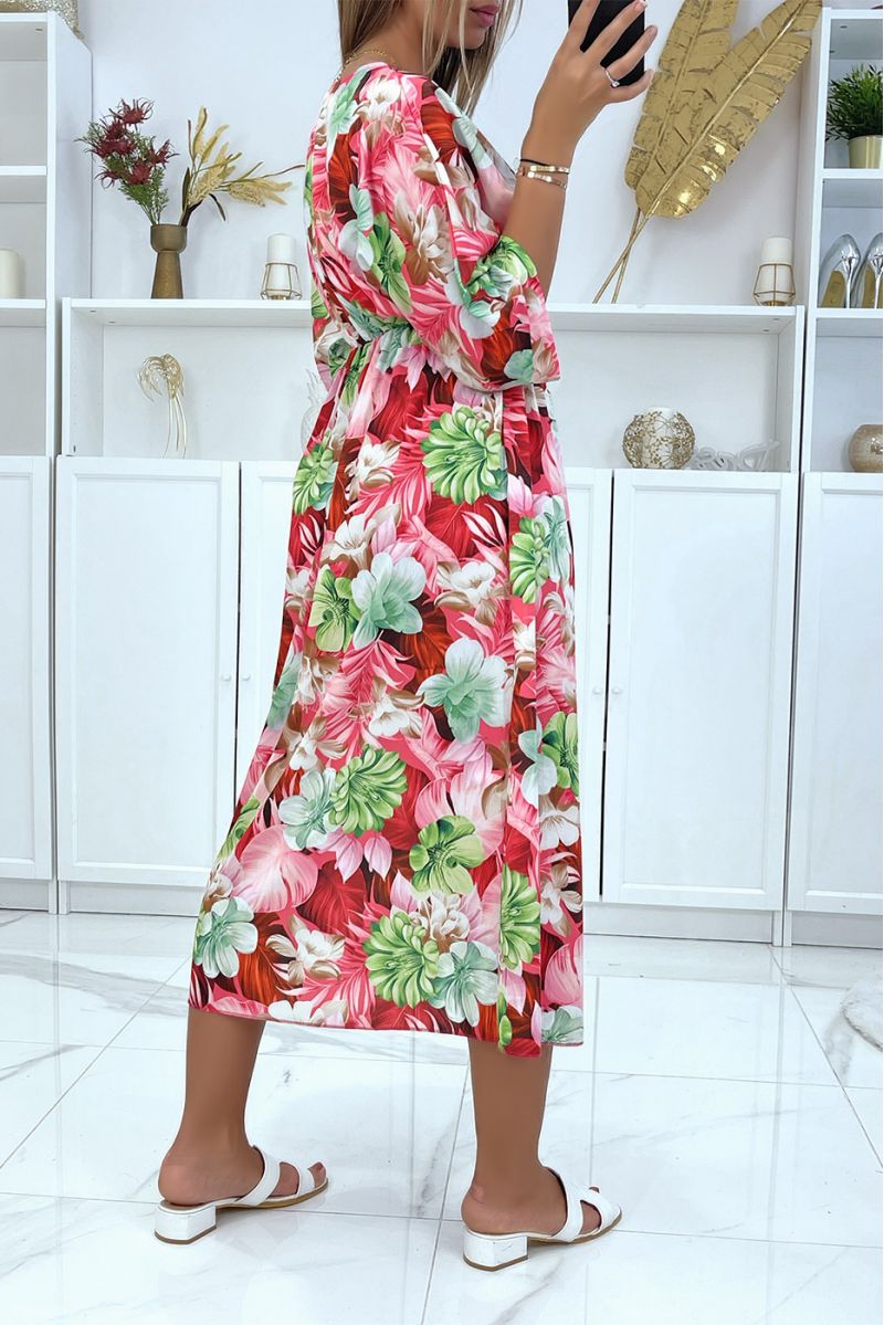 Pink floral dress V-neck mid-length sleeve slit on the sides - 5