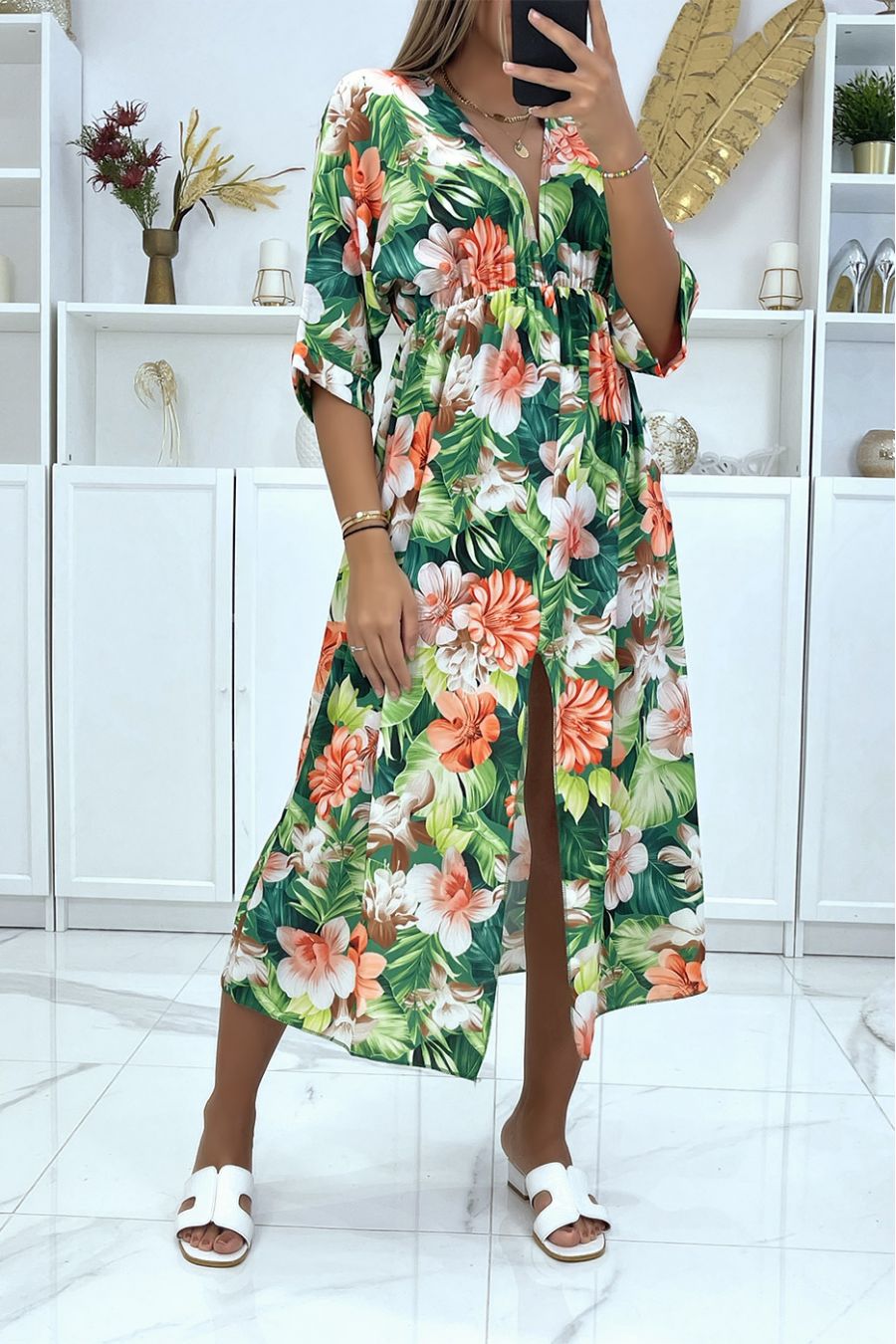 RoGe groene bloemen V-hals, middellange mouwsplit aan de zijkanten - 1