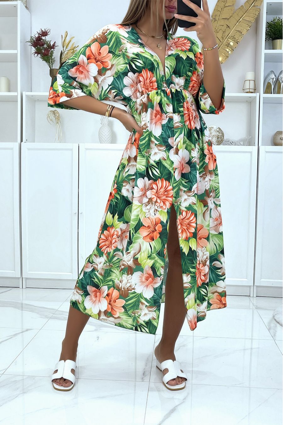 Green floral dress V-neck mid-length sleeve slit on the sides - 2