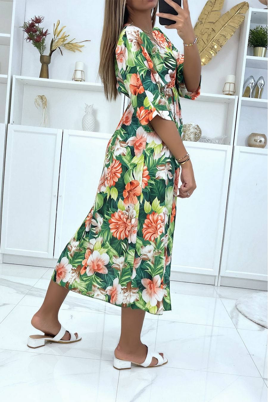 Green floral dress V-neck mid-length sleeve slit on the sides - 3