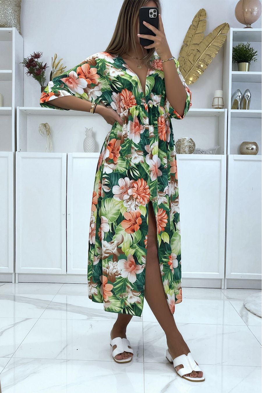 Green floral dress V-neck mid-length sleeve slit on the sides - 4