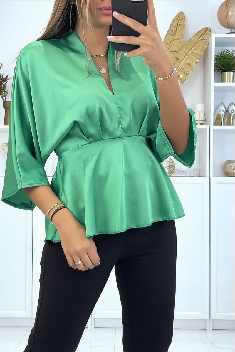 Flowing green satin wrap blouse fitted at the waist - 1
