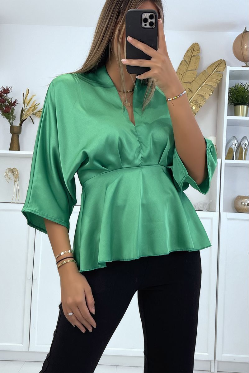 Flowing green satin wrap blouse fitted at the waist - 2