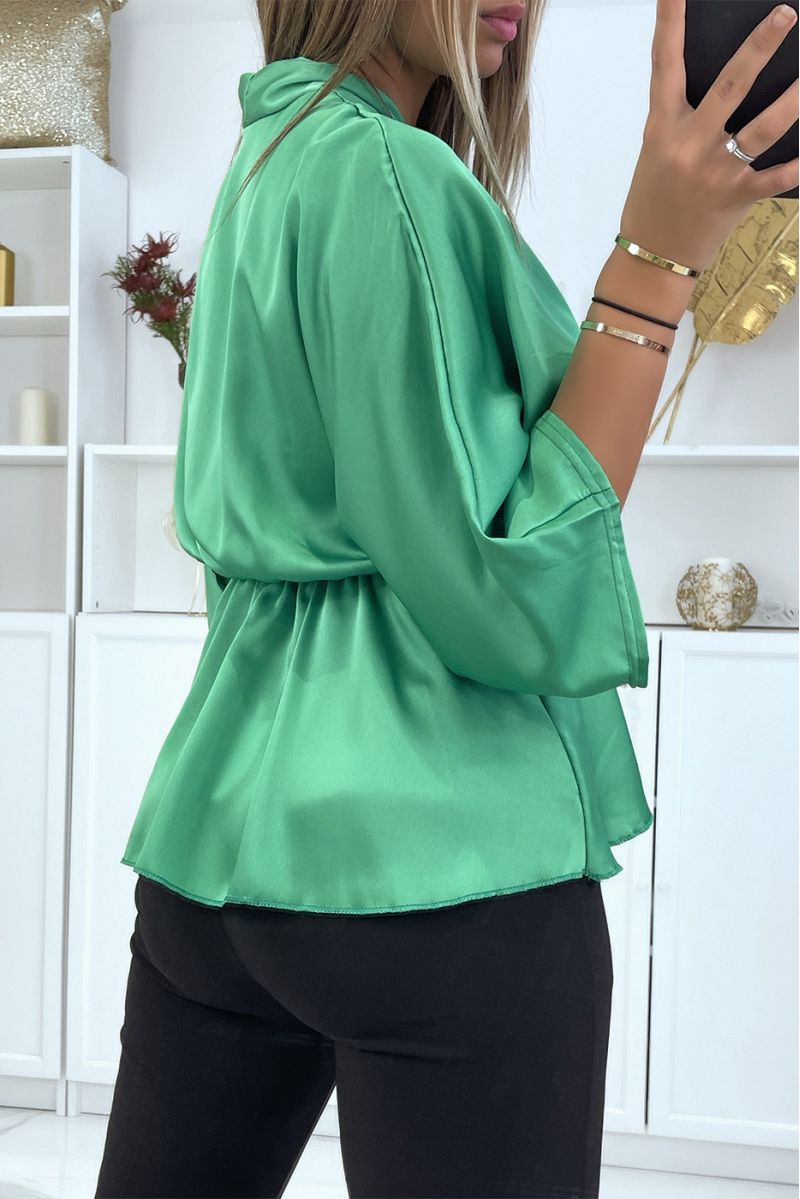 Flowing green satin wrap blouse fitted at the waist - 4