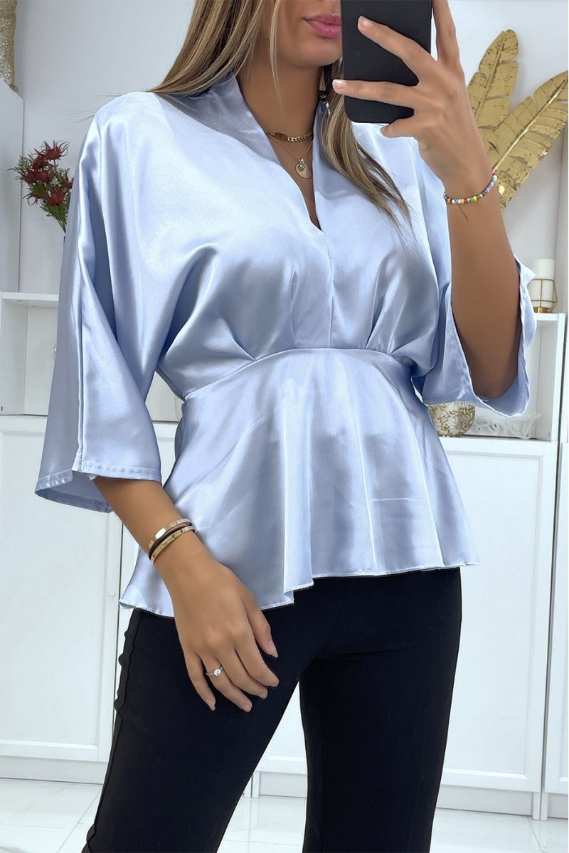 Flowing turquoise blue satin wrap blouse fitted at the waist - 1