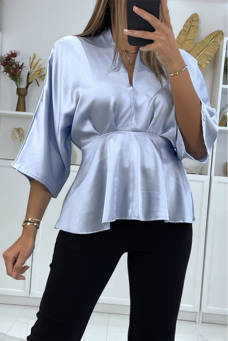 Flowing turquoise blue satin wrap blouse fitted at the waist - 2
