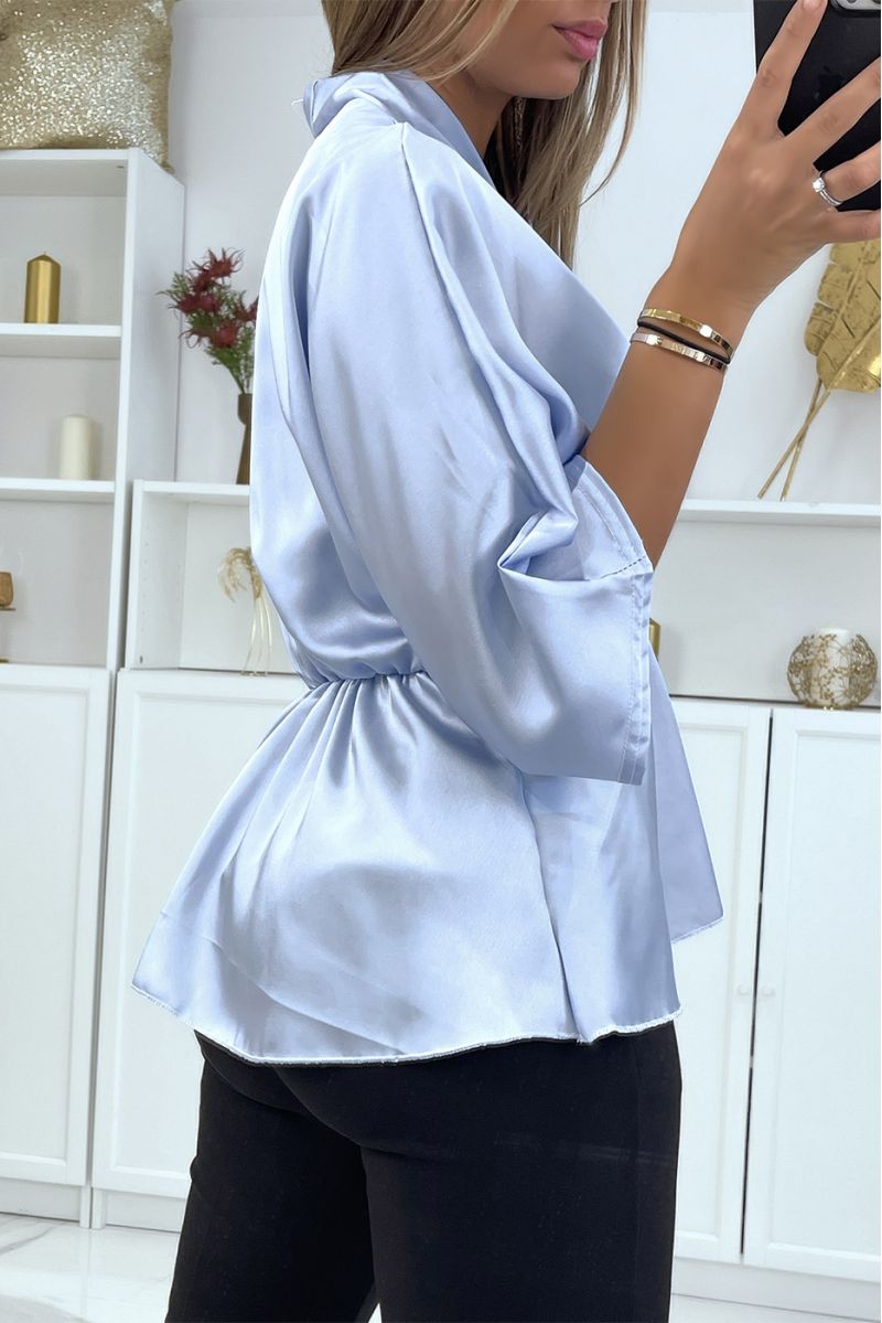 Flowing turquoise blue satin wrap blouse fitted at the waist - 4