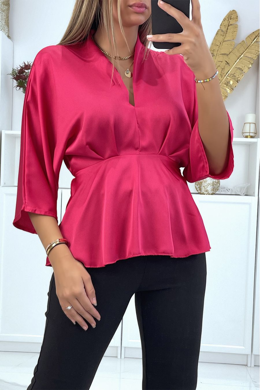 Flowing Fushia Pink Satin Wrap Blouse Fitted At The Waist 8069