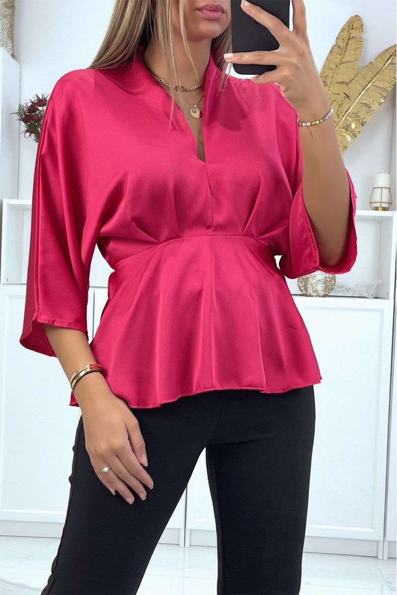 Flowing fushia pink satin wrap blouse fitted at the waist - 1