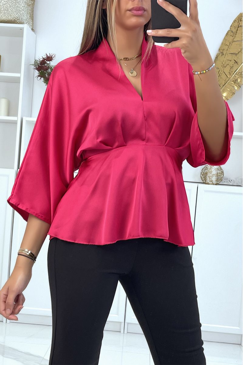 Flowing fushia pink satin wrap blouse fitted at the waist - 2