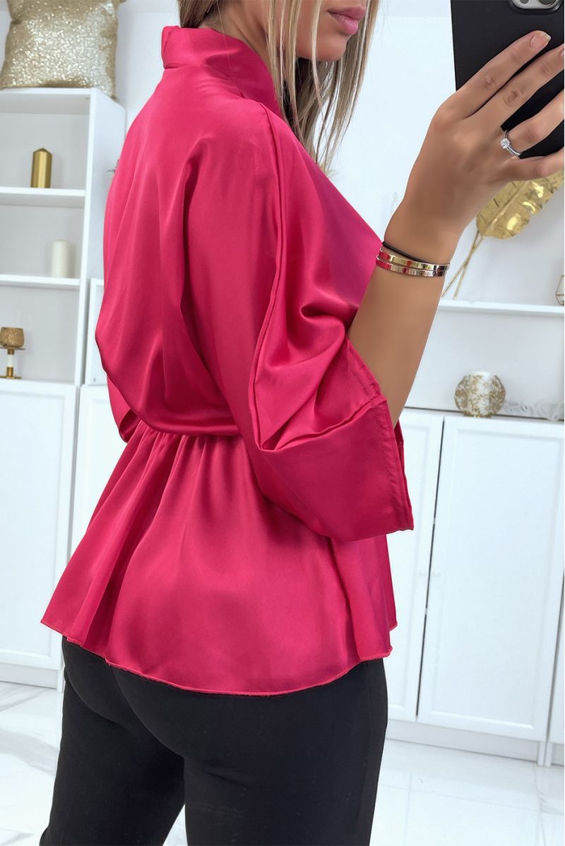 Flowing fushia pink satin wrap blouse fitted at the waist - 3