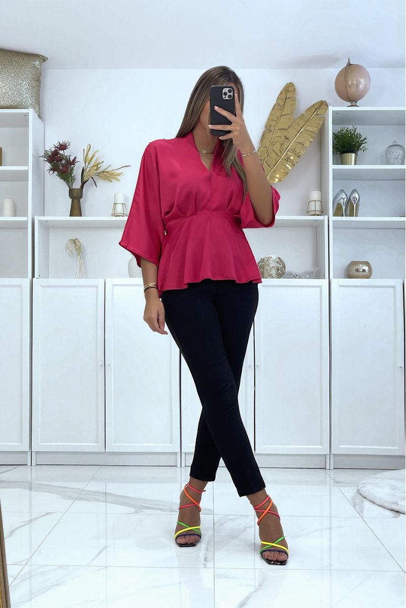 Flowing fushia pink satin wrap blouse fitted at the waist - 4
