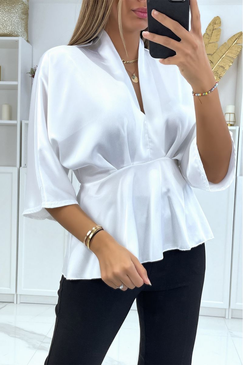 Flowing white satin wrap blouse fitted at the waist - 1