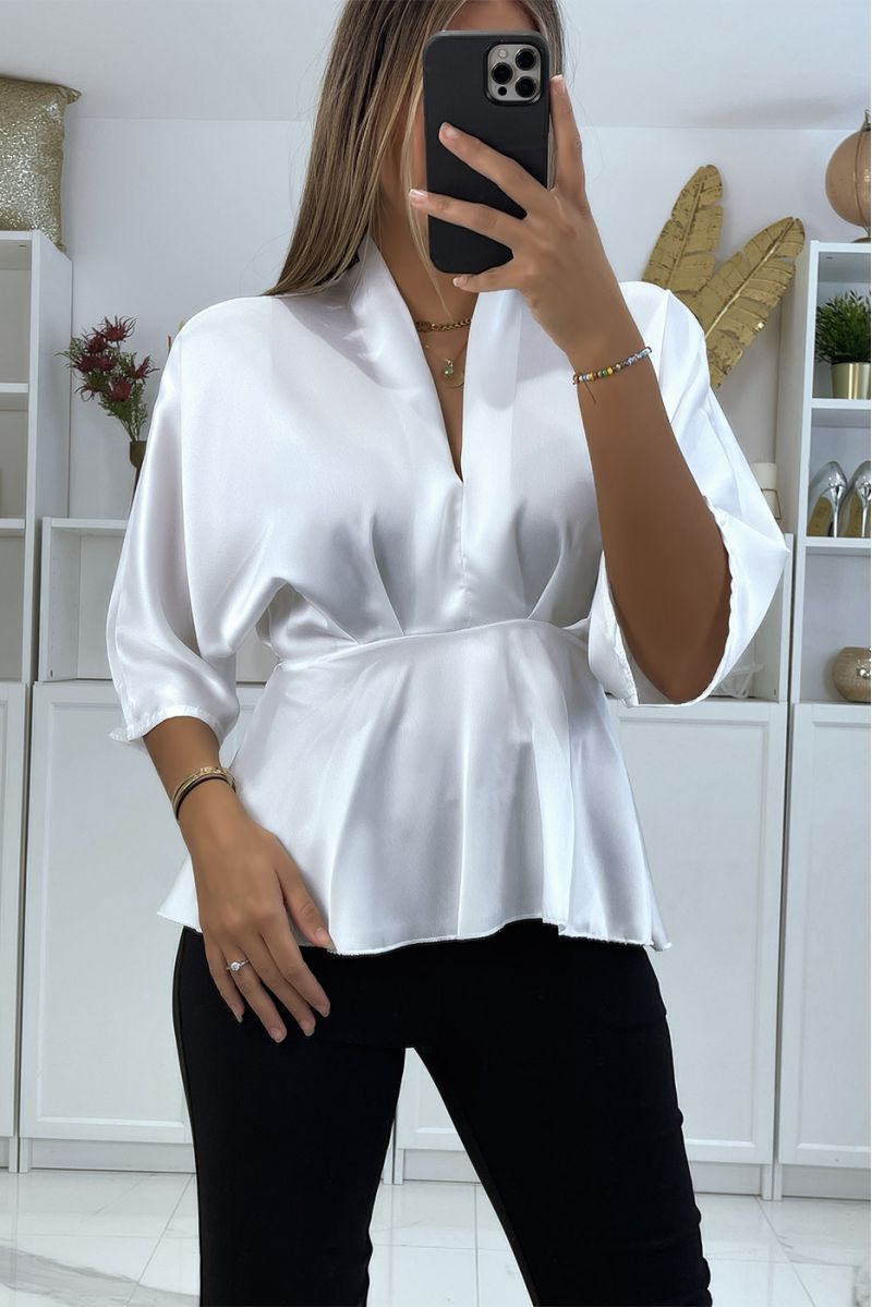 Flowing white satin wrap blouse fitted at the waist - 2