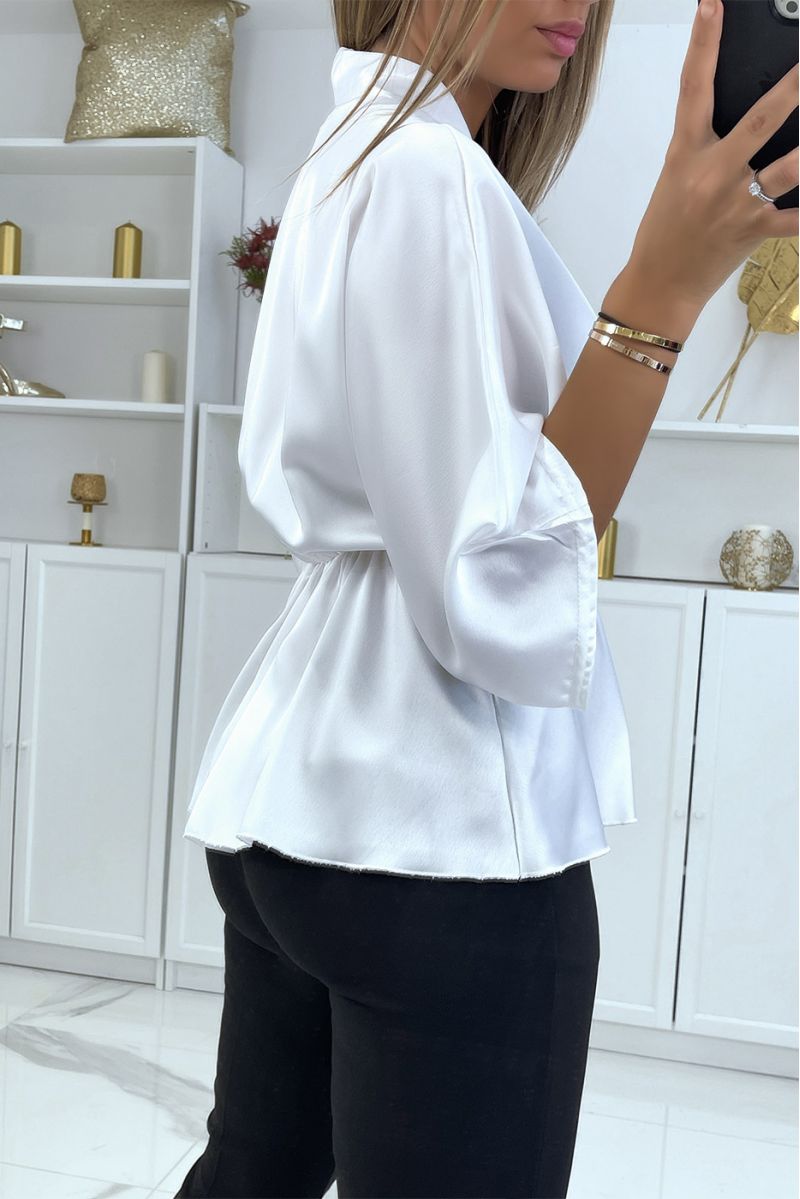 Flowing white satin wrap blouse fitted at the waist - 3