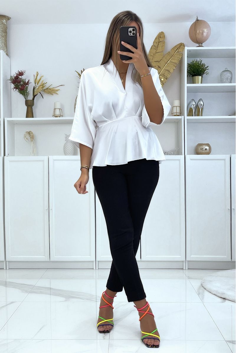 Flowing white satin wrap blouse fitted at the waist - 4