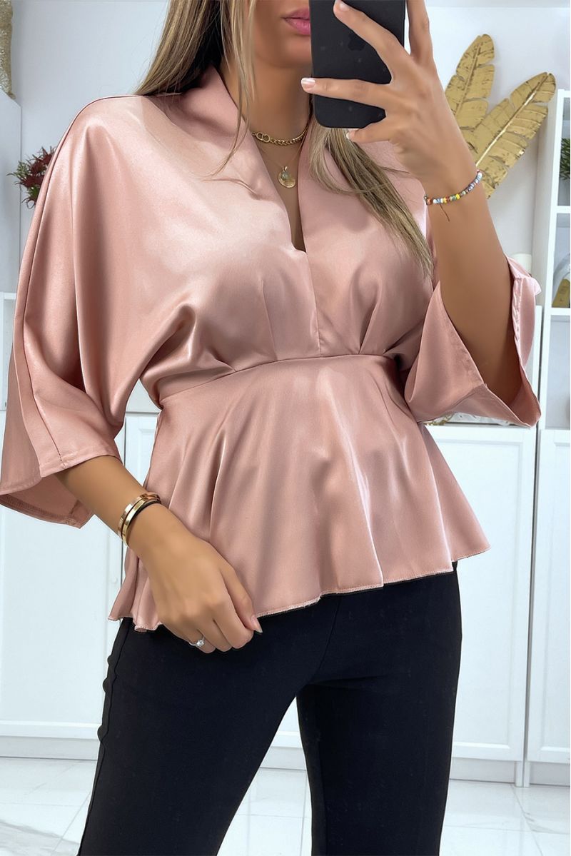 Flowing pink satin wrap blouse fitted at the waist - 1