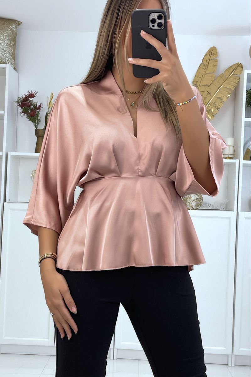Flowing pink satin wrap blouse fitted at the waist - 2