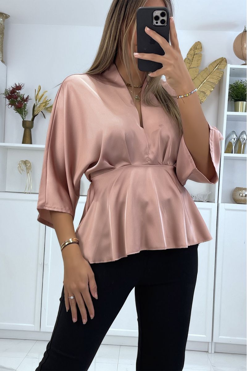 Flowing pink satin wrap blouse fitted at the waist - 3