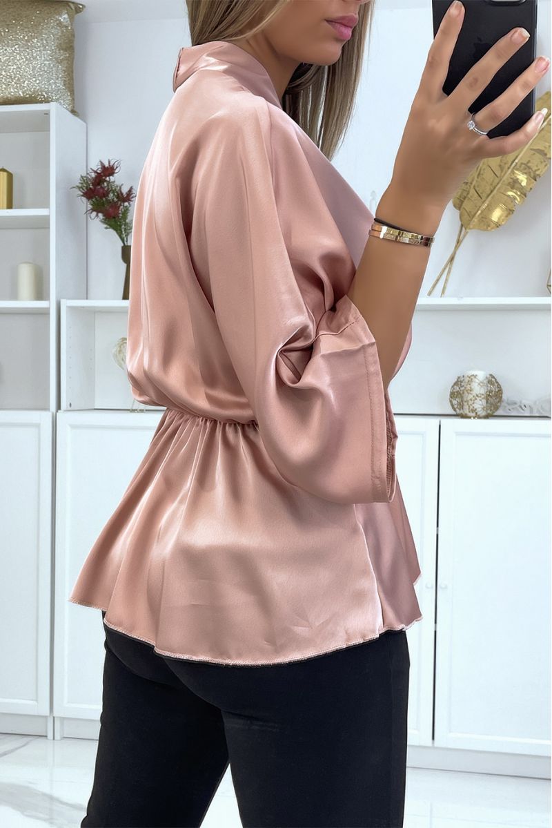 Flowing pink satin wrap blouse fitted at the waist - 4