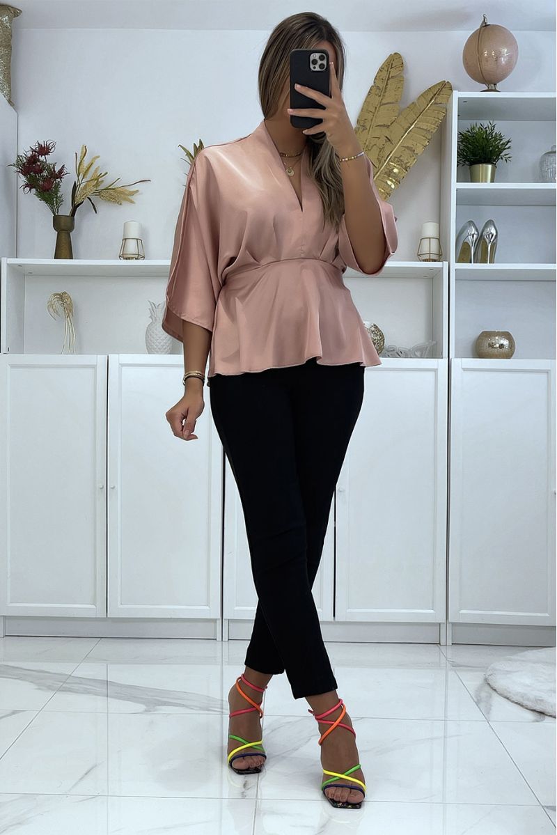 Flowing pink satin wrap blouse fitted at the waist - 5