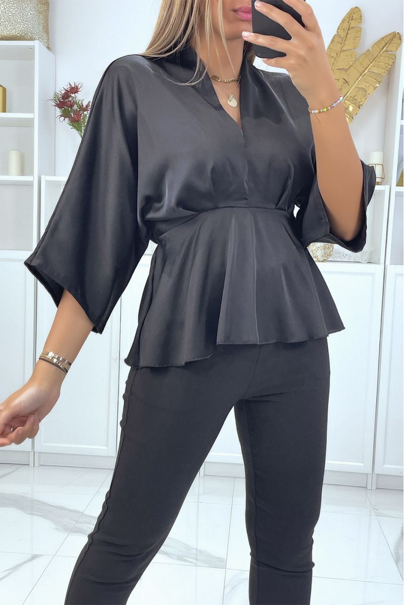 Flowing black satin wrap blouse fitted at the waist - 1