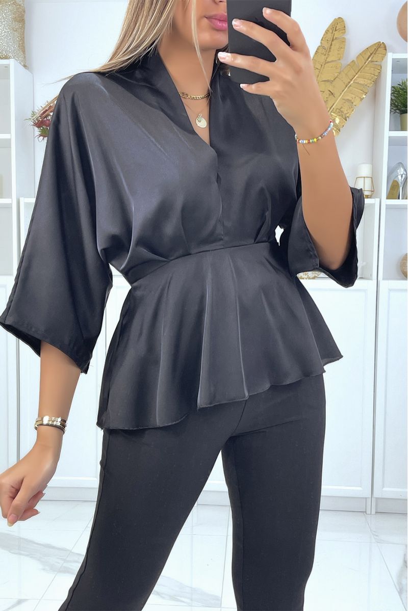 Flowing black satin wrap blouse fitted at the waist - 2