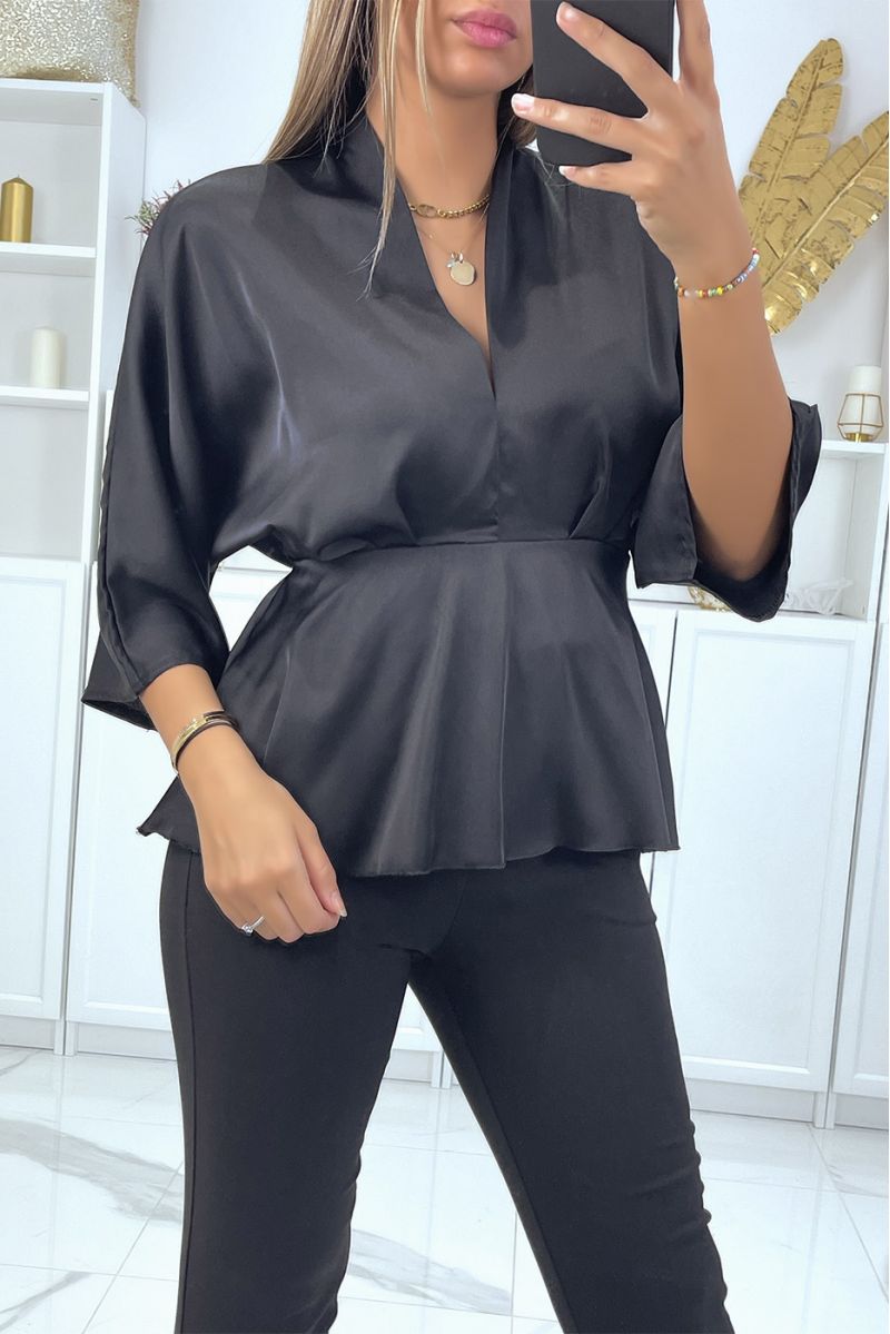 Flowing black satin wrap blouse fitted at the waist - 3