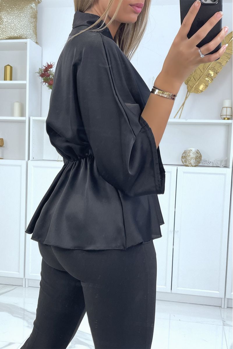 Flowing black satin wrap blouse fitted at the waist - 4