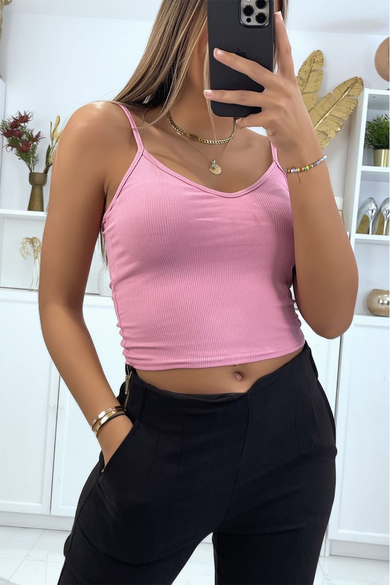 Crop top rose côtelé à bretelles fines et col rond plongeant - 2 Crop top rose côtelé à bretelles fines et col rond plongeant - 2