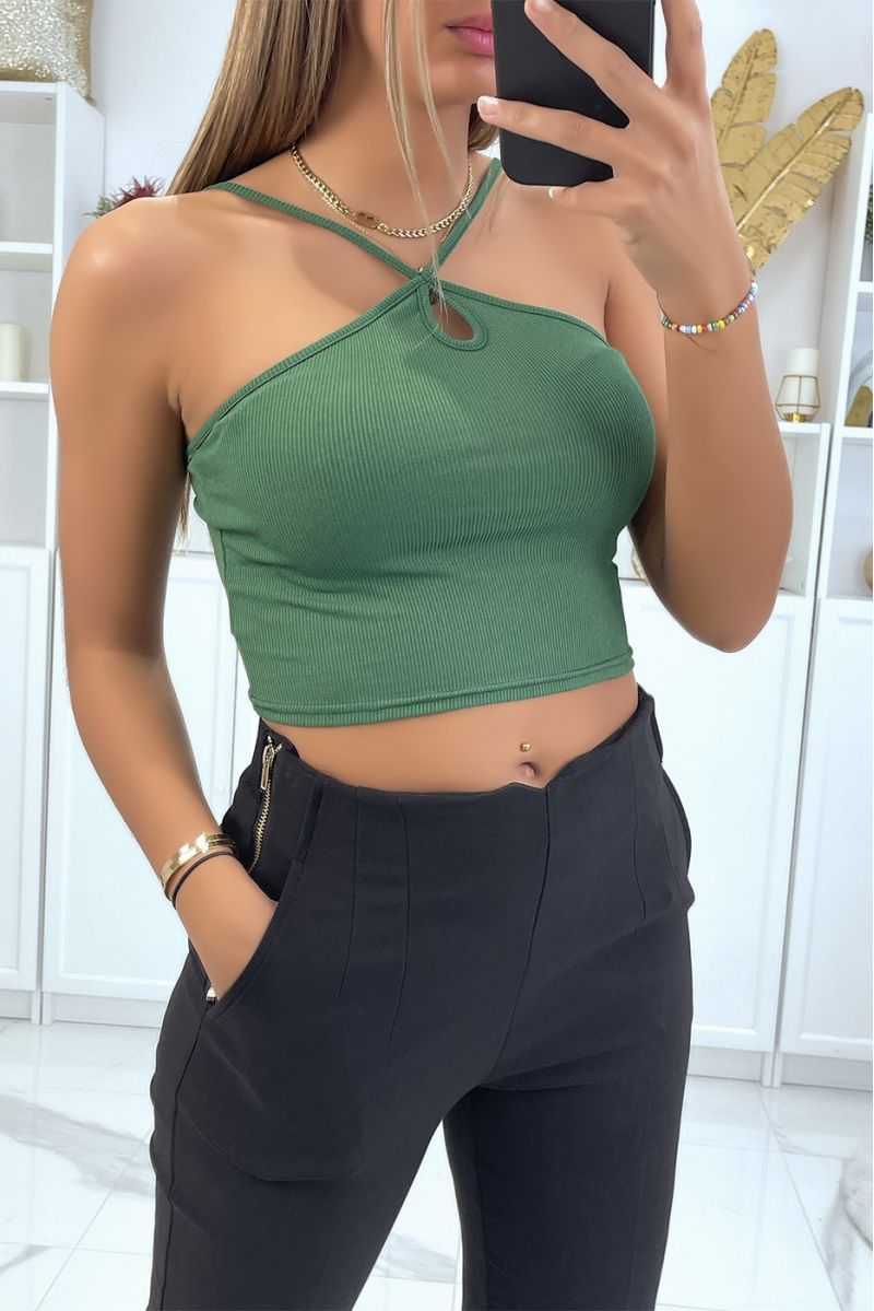 Khaki ribbed crop top with spaghetti straps that cross at the collar - 1